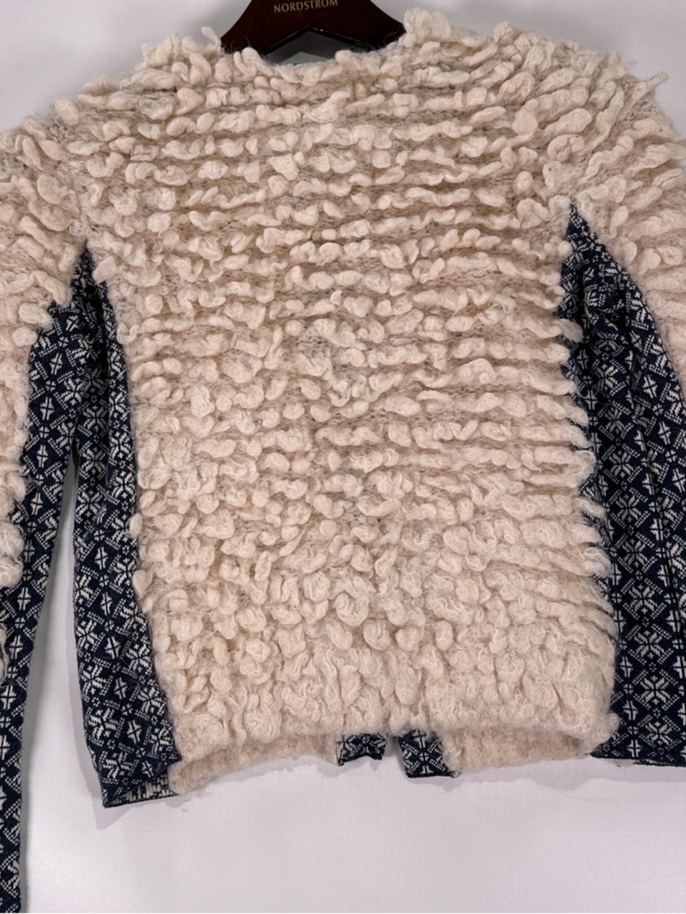 Odd Molly Shaggy Loop Knit Cardigan Fair Isle Alpaca Wool Blend Cream Navy Small - Picture 11 of 13